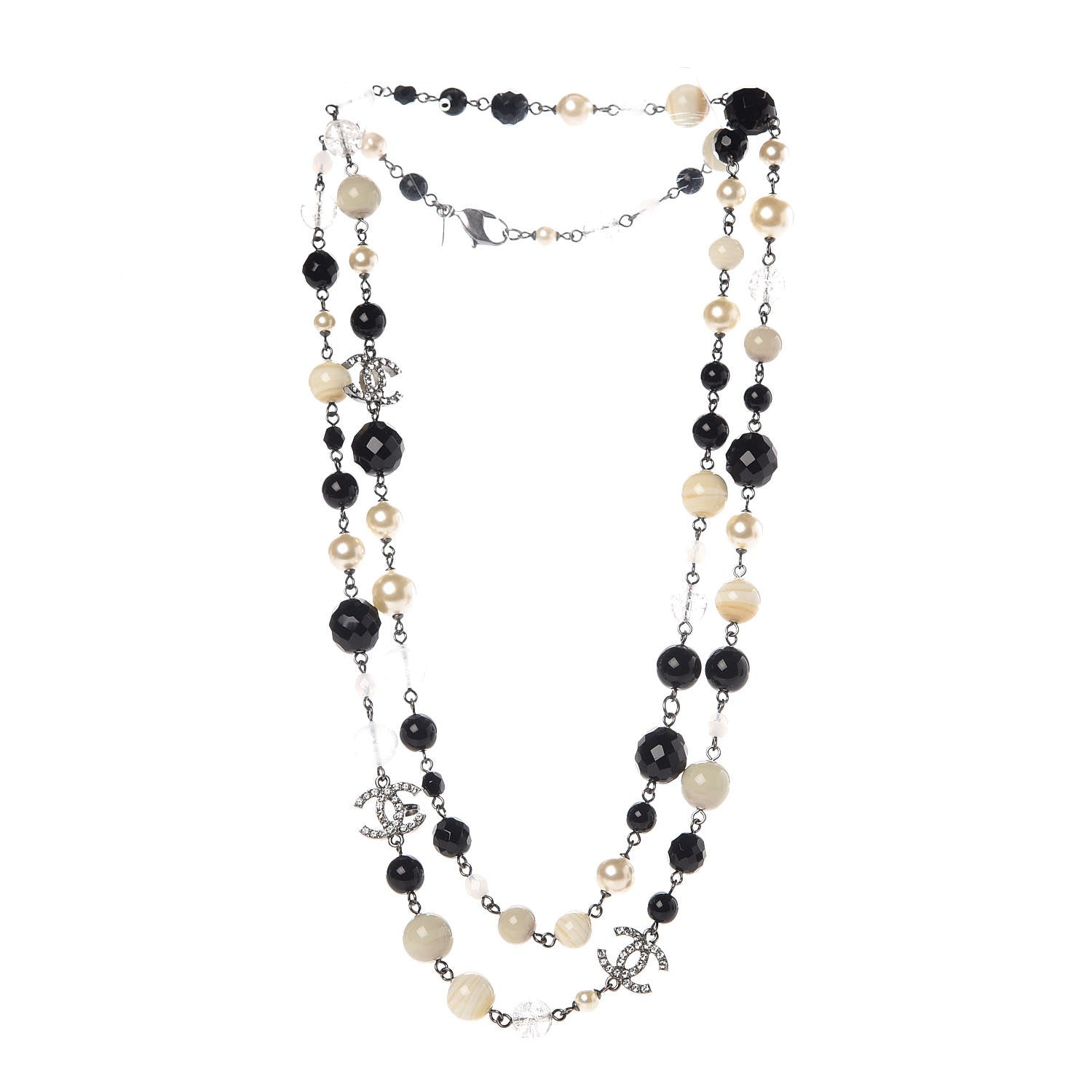 Chanel Pearl Crystal Bead CC Long Necklace Black Silver 3 of 5