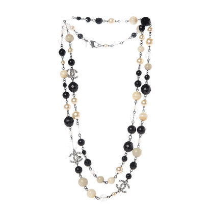 Chanel Pearl Crystal Bead CC Long Necklace Black Silver 3 of 5