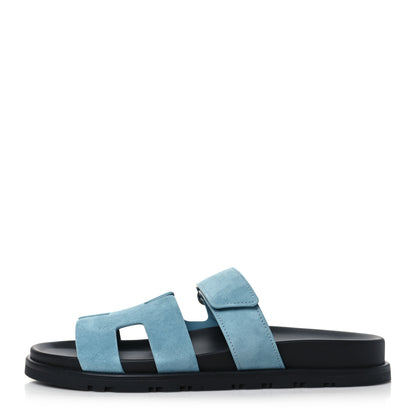 Hermes Suede Goatskin Womens Chypre Sandals 37.5 Bleu Mineral 1 of 9