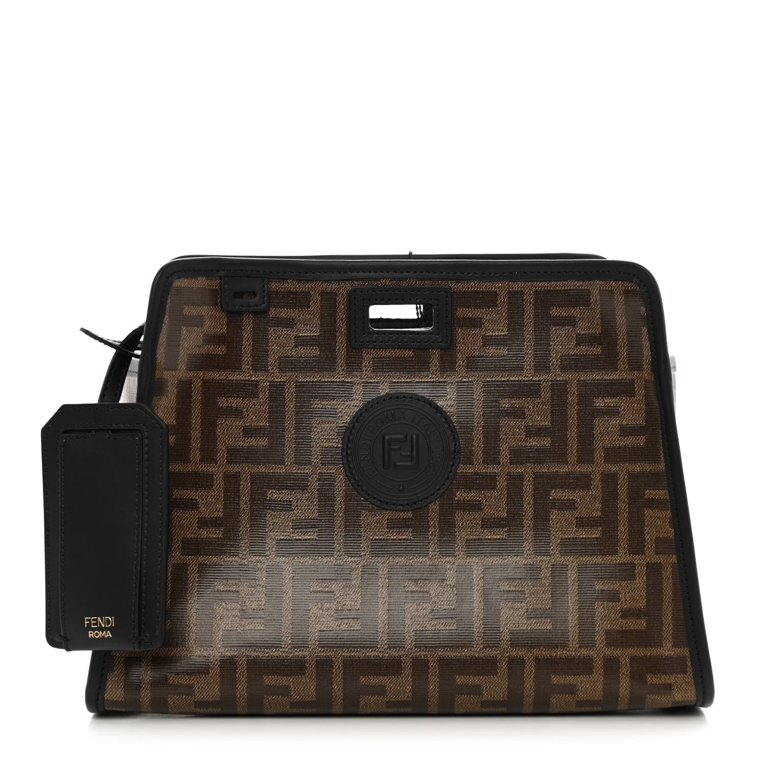 Fendi Glazed Fabric Vitello Century FF 1974 Stamp Patch Mini Peekaboo Defender Cover Mogano Panna Black 1 of 13