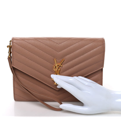Saint Laurent Grain De Poudre Matelasse Chevron Monogram Cassandre Flap Pouch  Vintage Peach 2 of 8