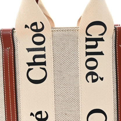 Chloe Linen Calfskin Small Woody Ribbon Tote With Strap White Brown 8 of 11