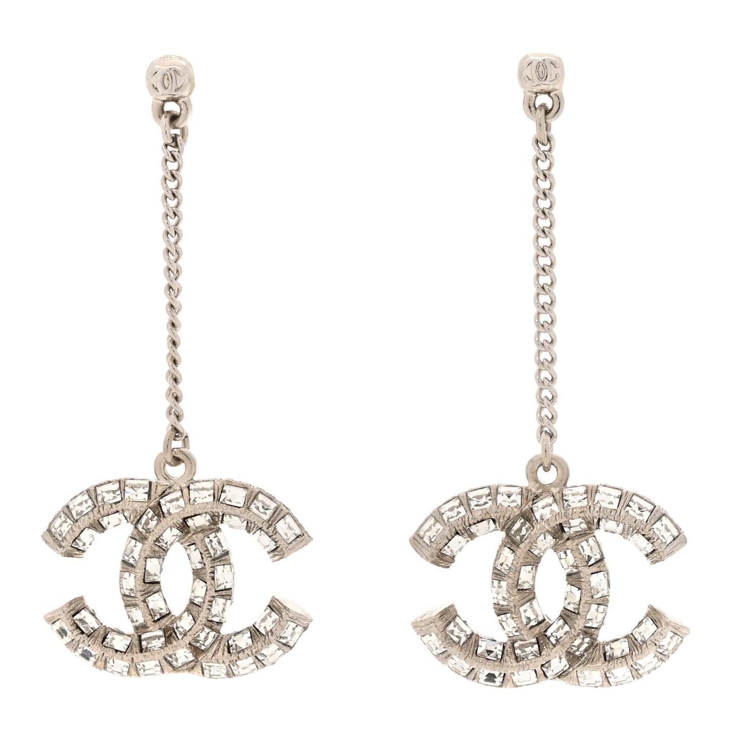 Crystal Baguette CC Drop Earrings Silver