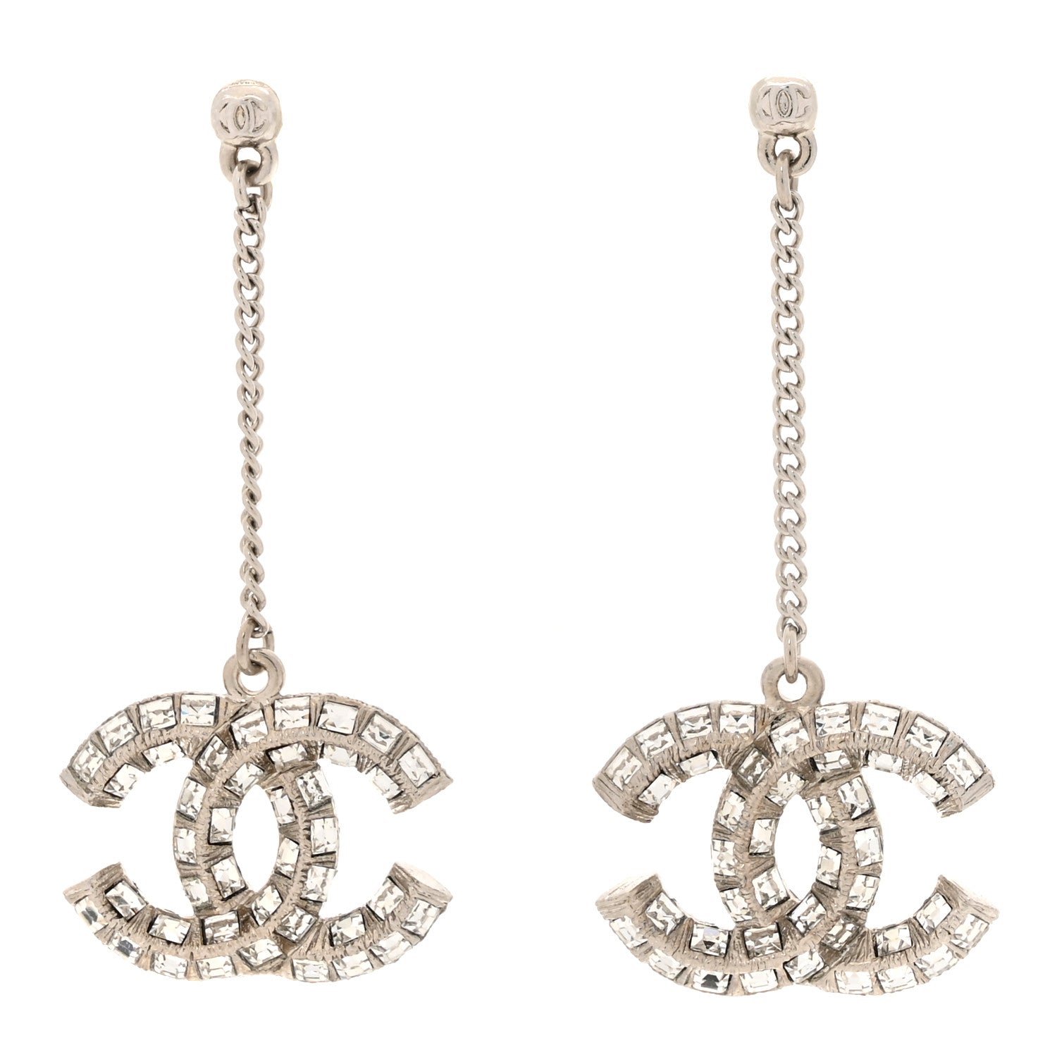 Chanel Crystal Baguette CC Drop Earrings Silver 1 of 4