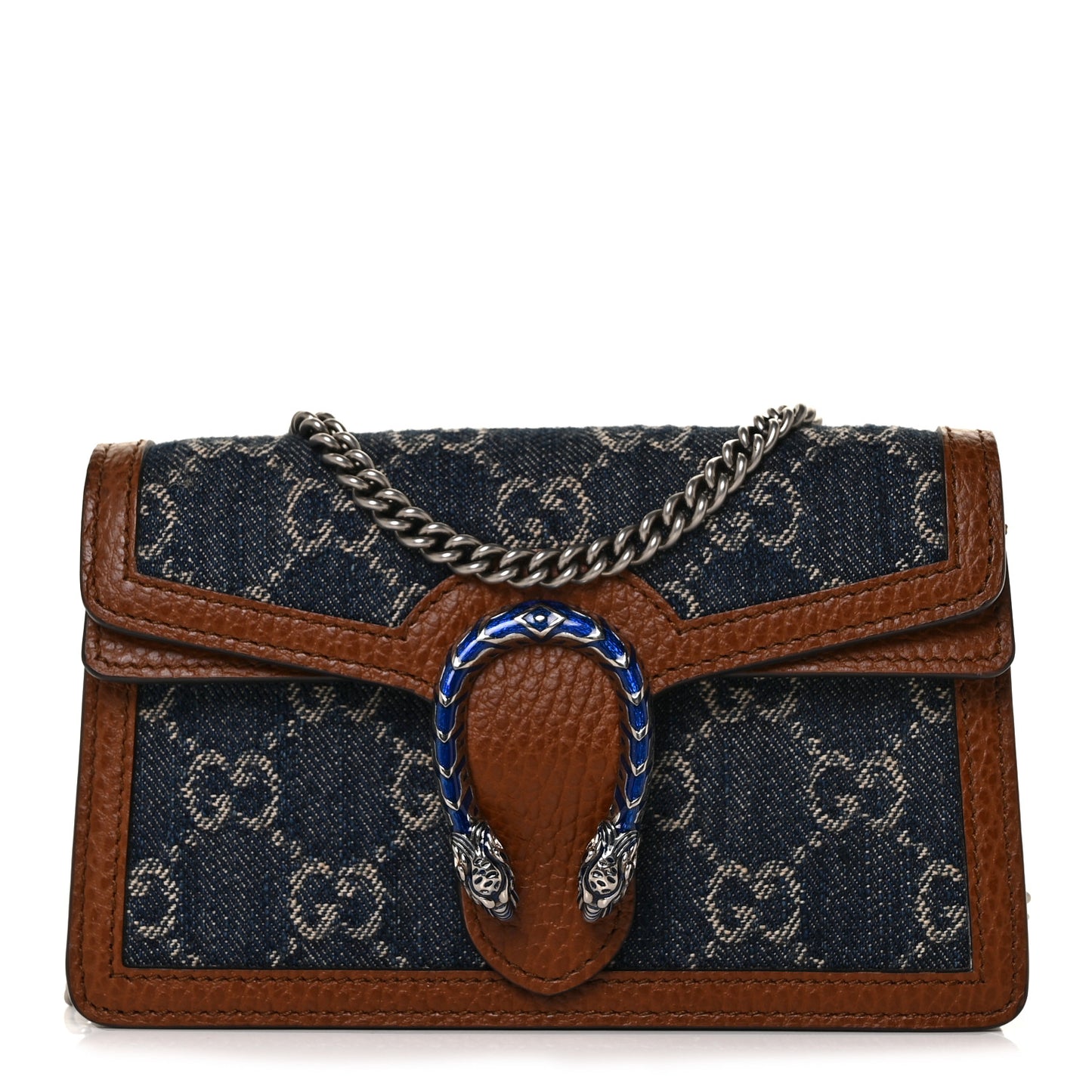 New Denim GG Monogram Dollar Calfskin Enamel Super Mini Dionysus Shoulder Bag Blue Tea Cuir Epilog Electric Blue