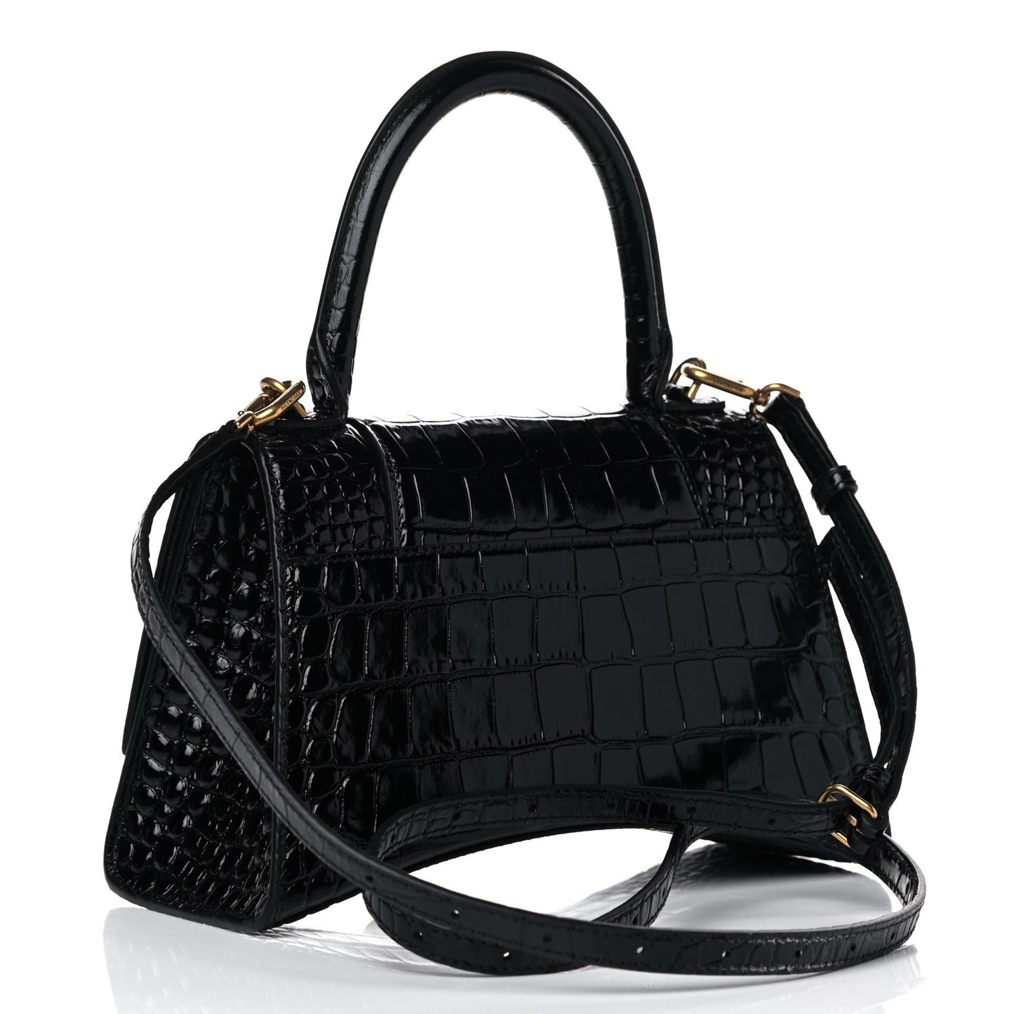 Shiny Calfskin Crocodile Embossed Small Hourglass Top Handle Bag Black