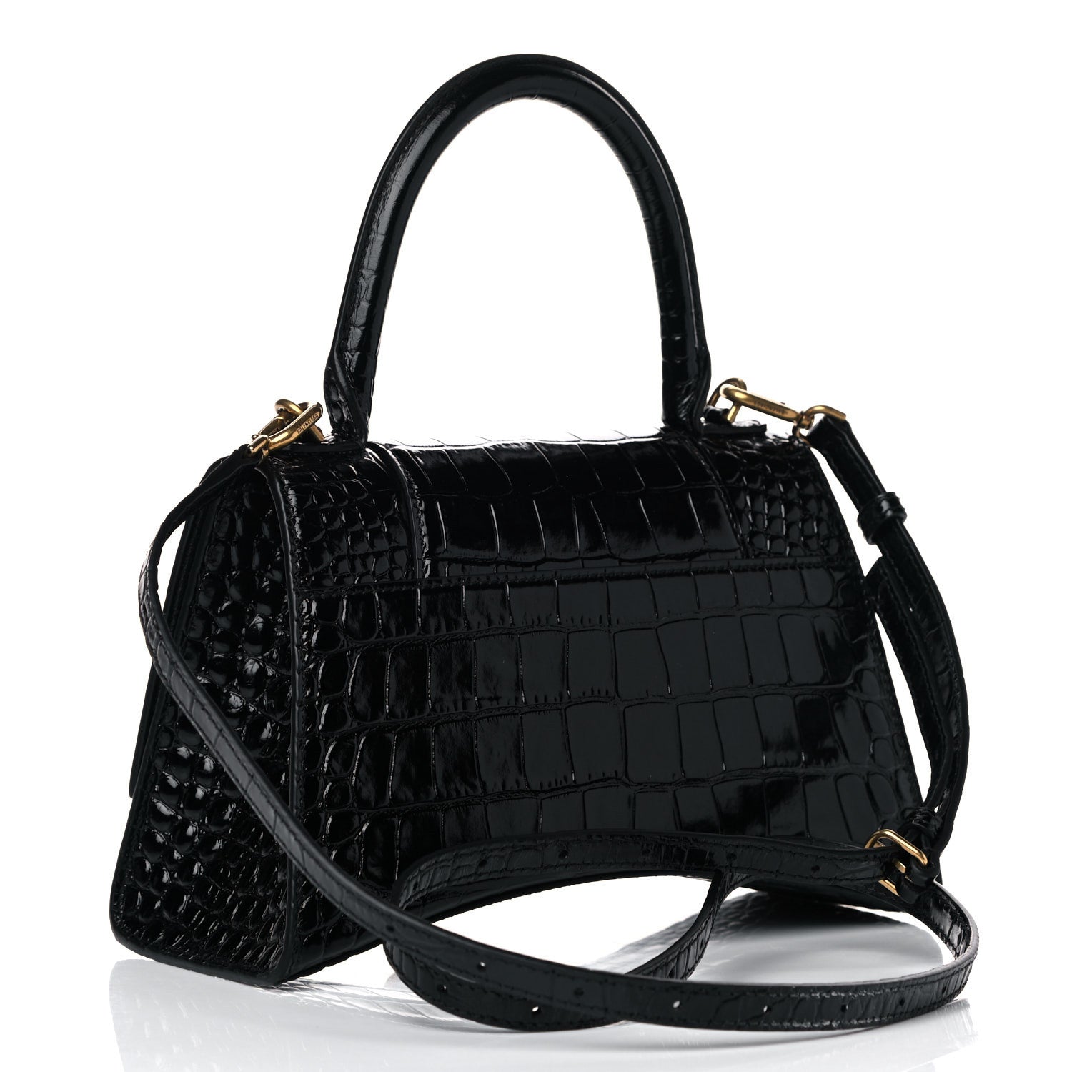 Balenciaga Shiny Calfskin Crocodile Embossed Small Hourglass Top Handle Bag Black 3 of 14