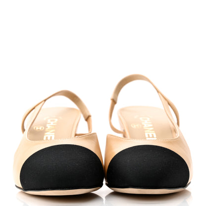 Chanel Goatskin Grosgrain Cap Toe CC Slingback Pumps 37.5 Beige Black 2 of 11