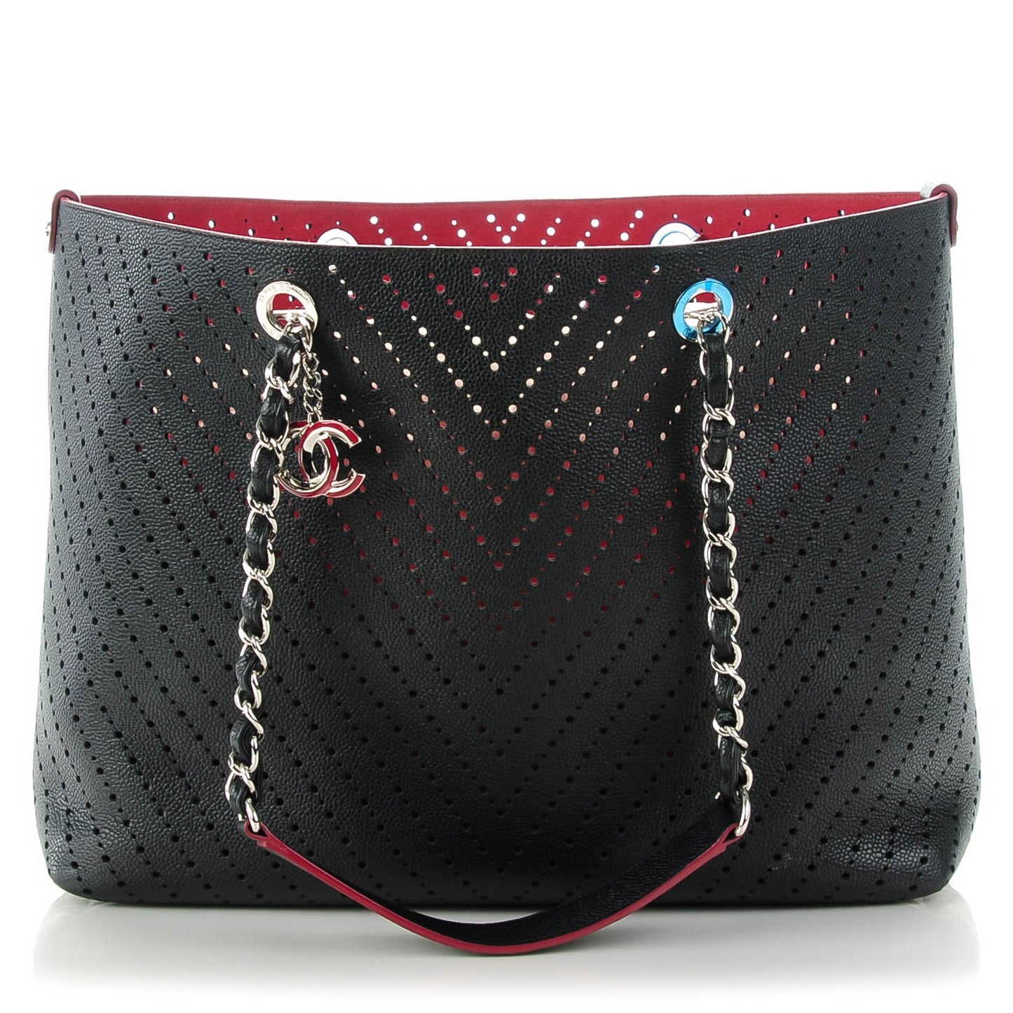 Perforated Grained Calfskin Large Shopping Tote Black
