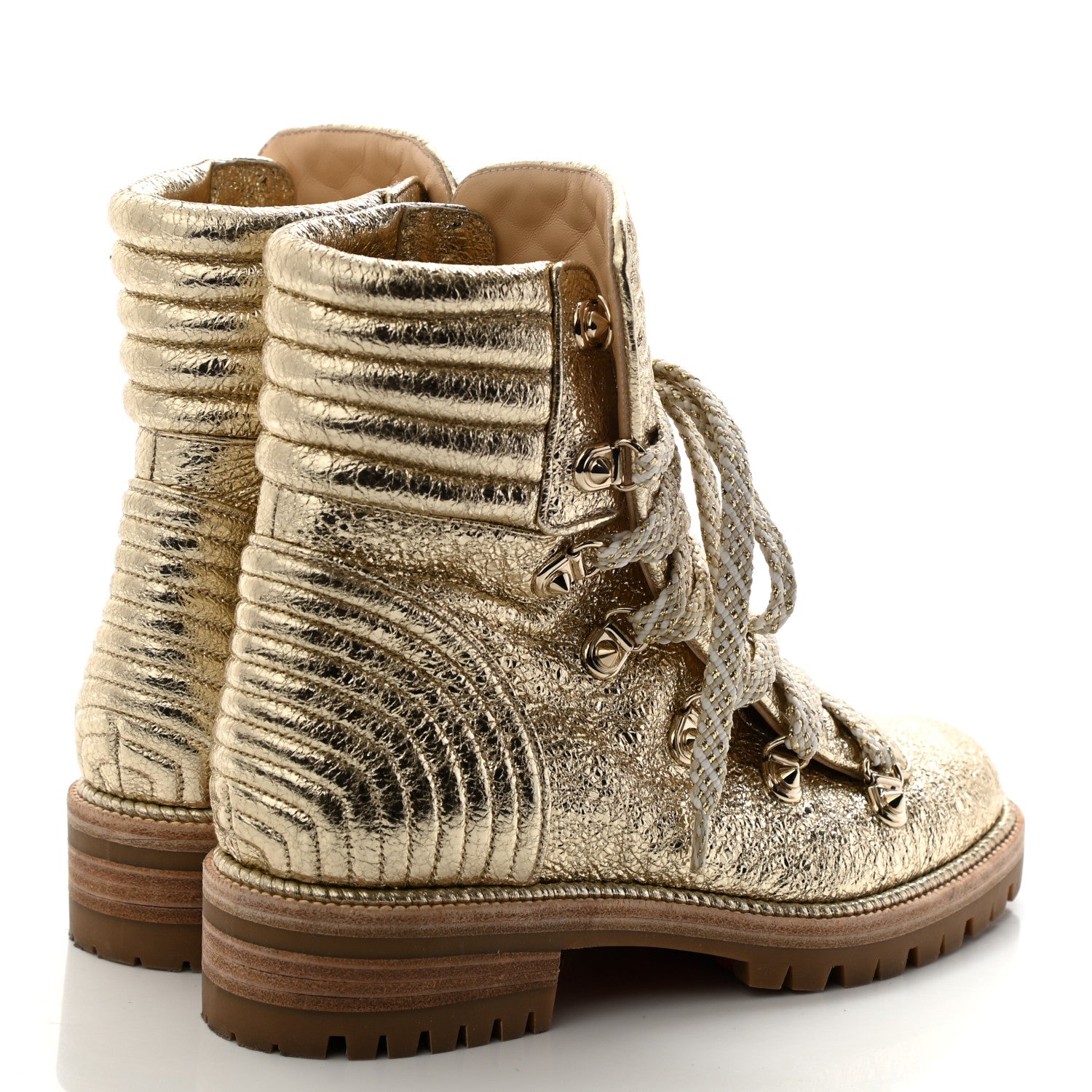 Christian Louboutin Crinkled Calfskin Mad Metallic Lace Up Red Sole Boot 35.5 Gold 4 of 7