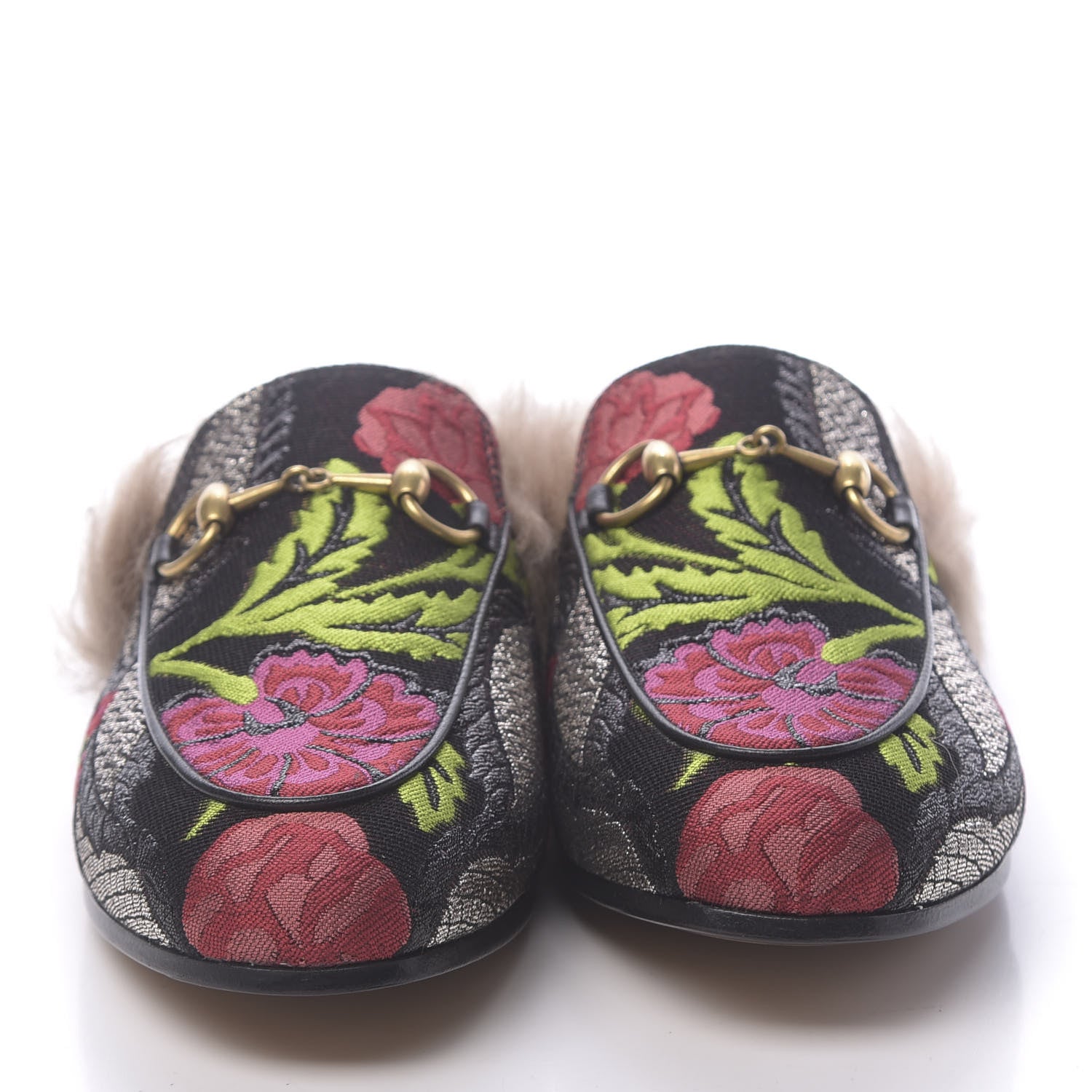 Gucci Brocade Fur Floral Womens Princetown Slippers 35 Black Anthracite 2 of 8
