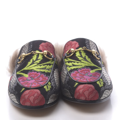Gucci Brocade Fur Floral Womens Princetown Slippers 35 Black Anthracite 2 of 8