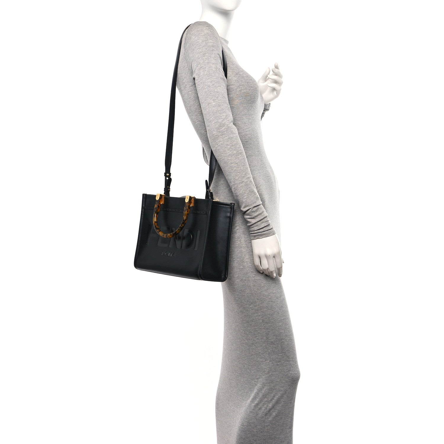 Fendi Vitello King Plexiglass Logo Embossed Small Fendi Sunshine Shopper Tote Black 2 of 9
