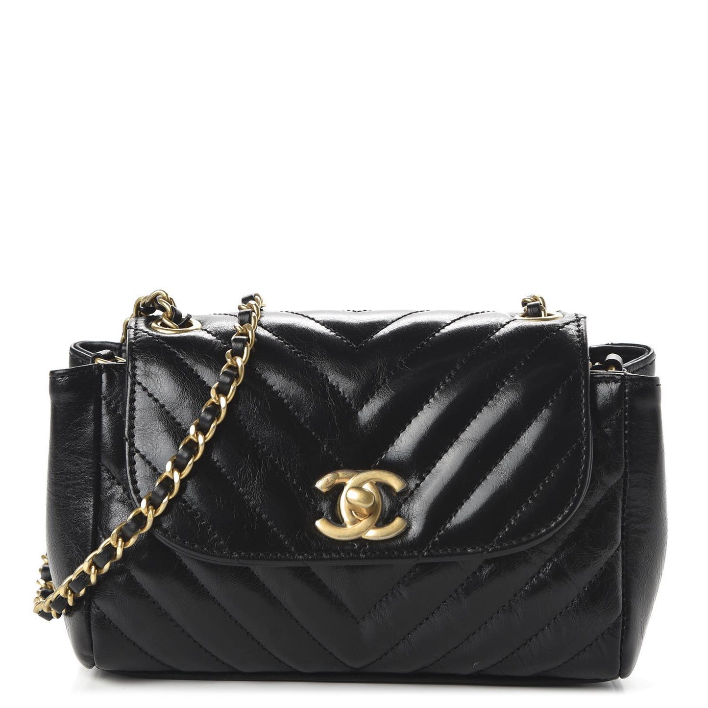 Glazed Calfskin Chevron Quilted Small Hampton Flap Black