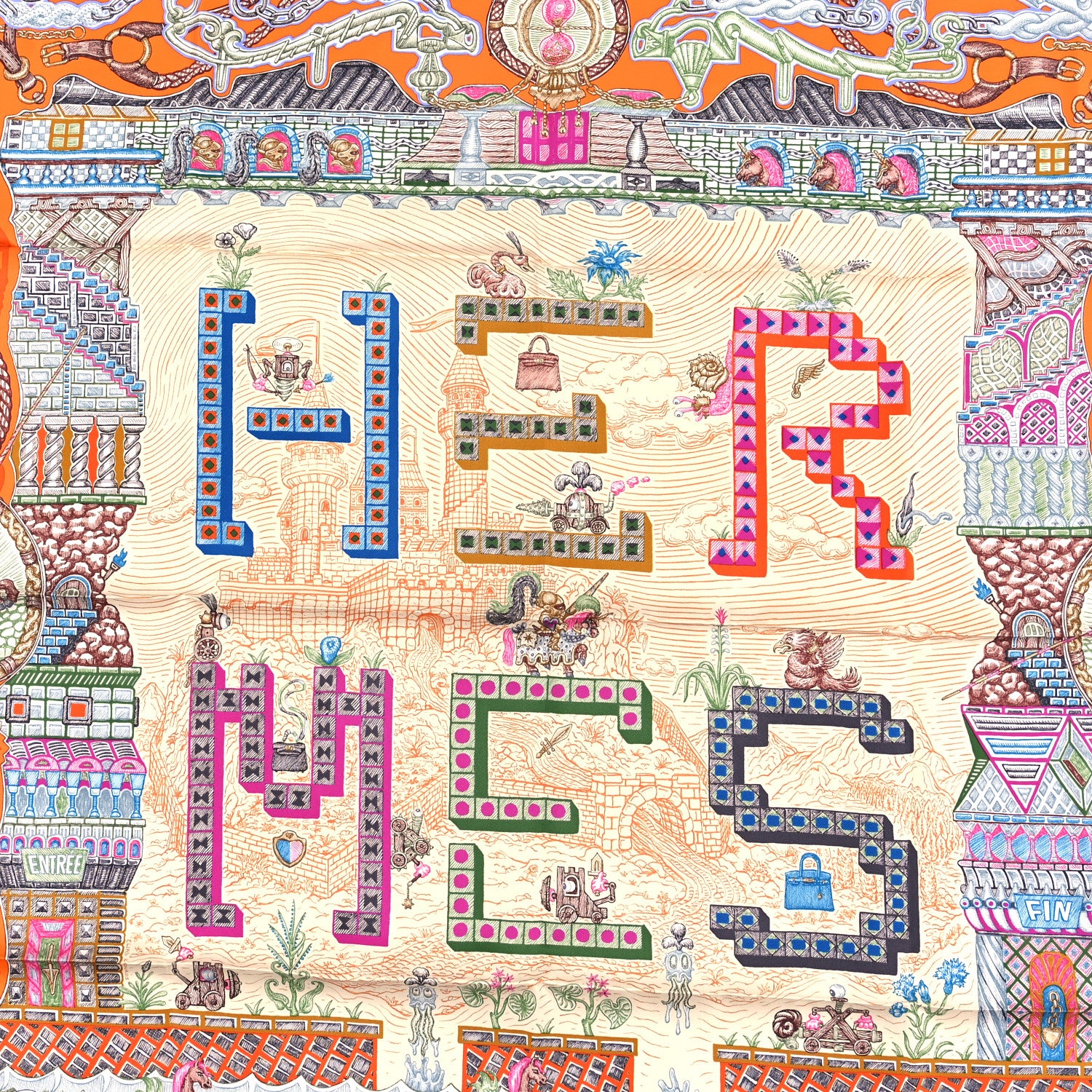 Hermes Silk Super Silk Quest Scarf 90 Orange Vert Multicolor