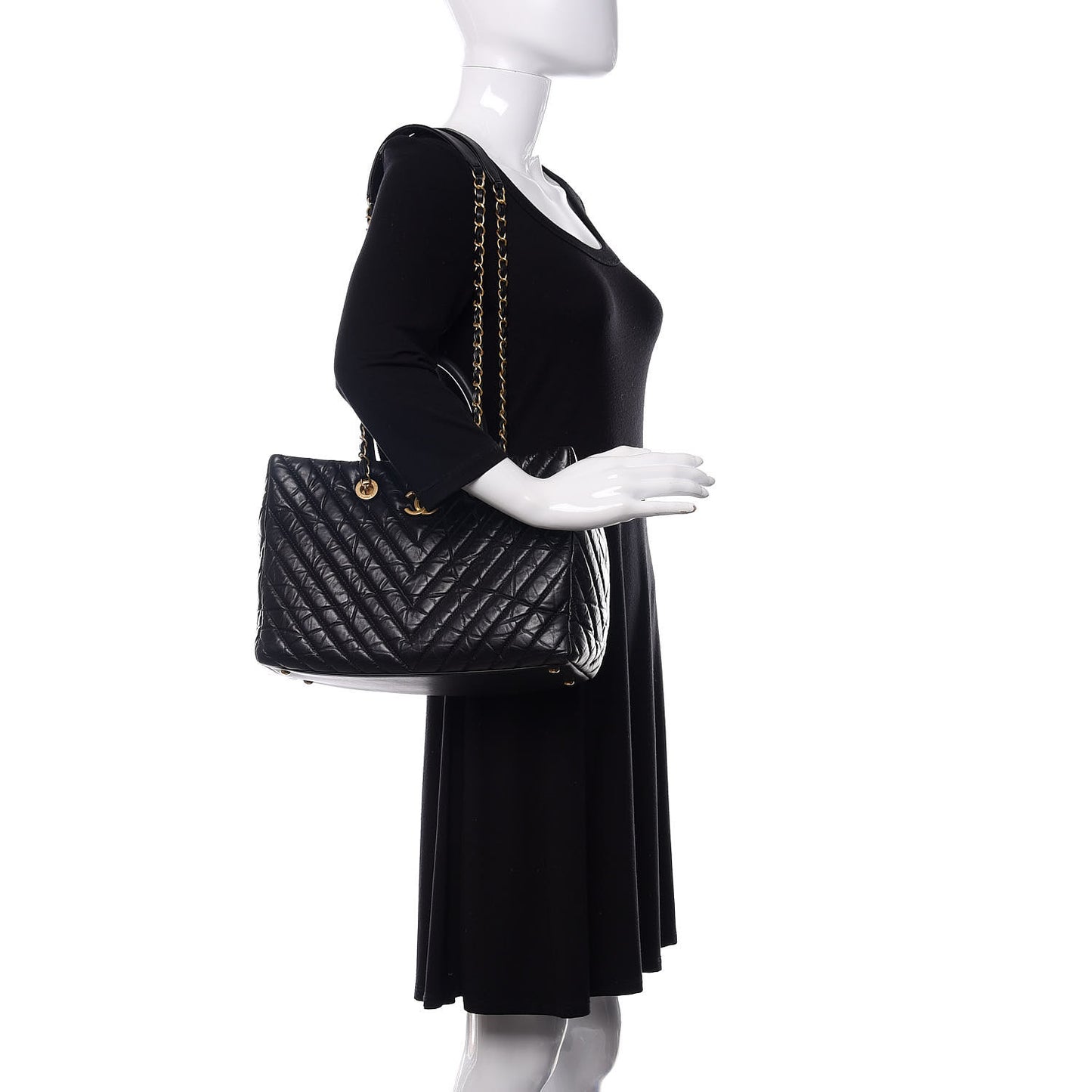 Aged Calfskin Chevron Coco Handle Shopping Tote Black