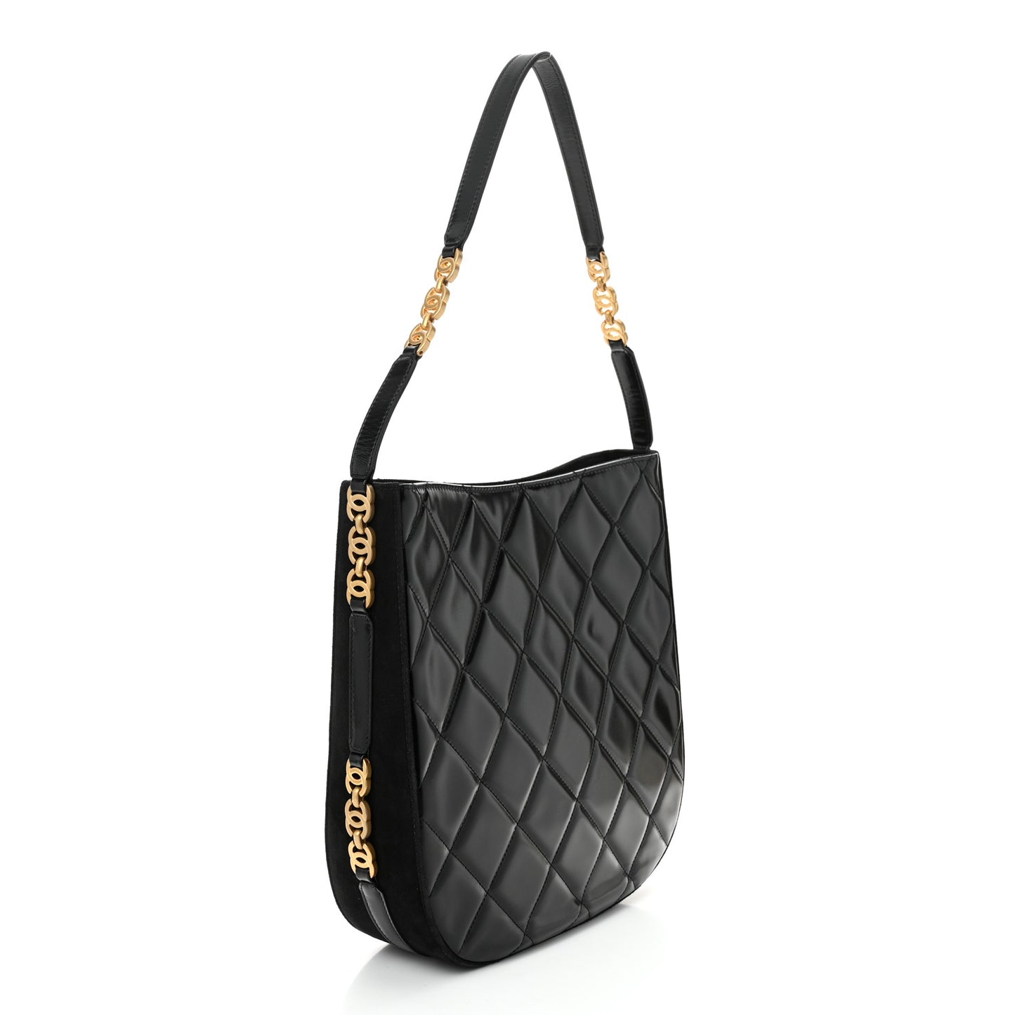 Shiny Calfskin Suede Goatskin Quilted Hobo Black