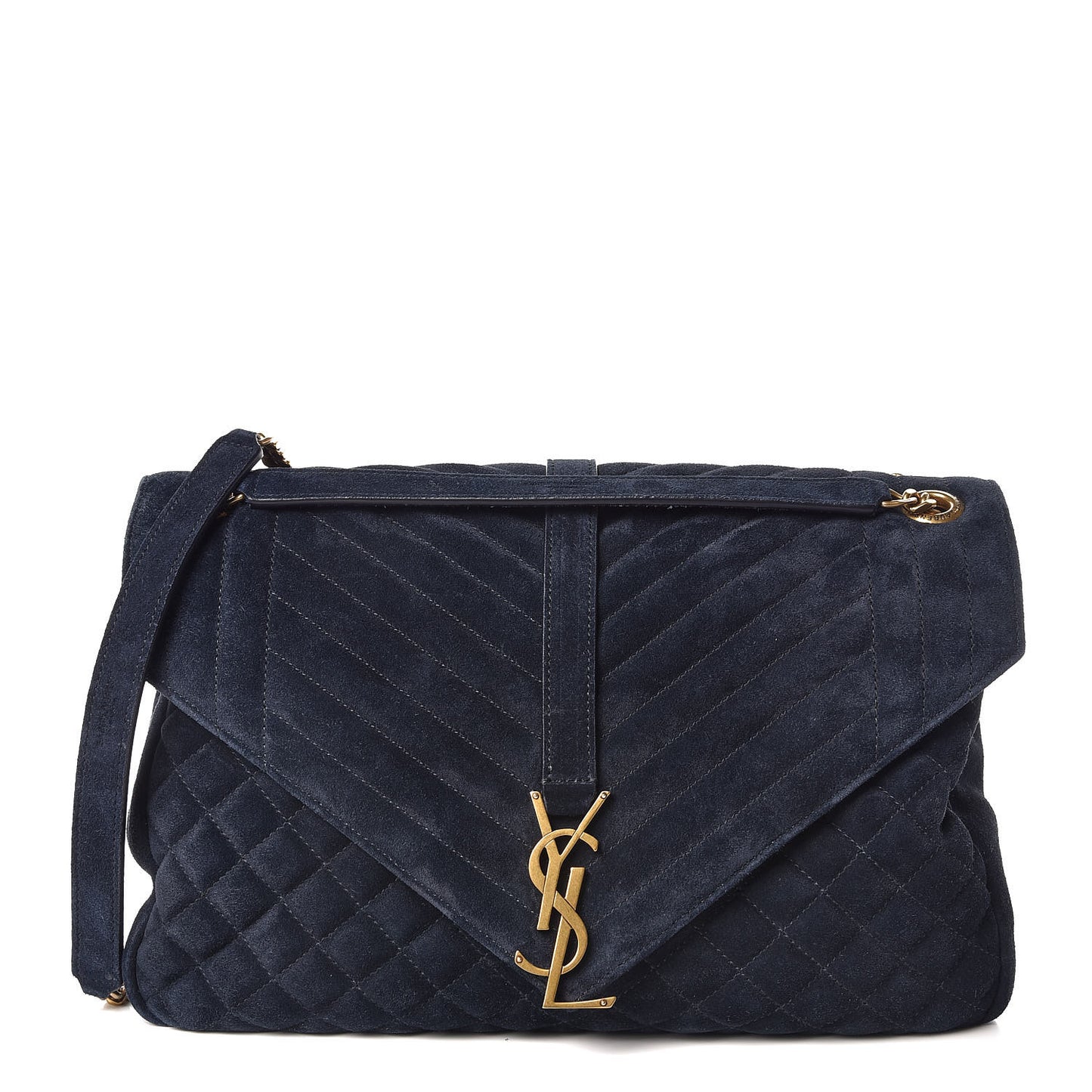 Suede Mixed Matelasse Triquilt Large Monogram Envelope Satchel Navy Blue