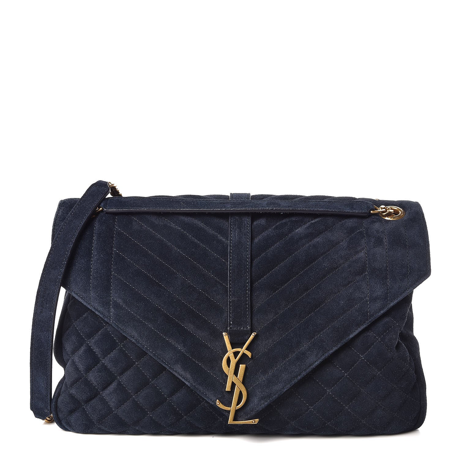 Saint Laurent Suede Mixed Matelasse Triquilt Large Monogram Envelope Satchel Navy Blue 1 of 9