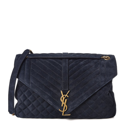 Saint Laurent Suede Mixed Matelasse Triquilt Large Monogram Envelope Satchel Navy Blue 1 of 9