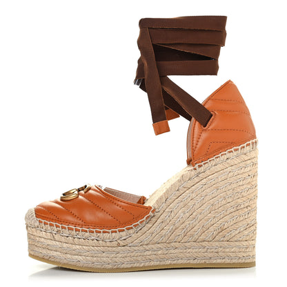 Gucci Nappa Matelasse GG Marmont Ankle Wrap Platform 35/120mm Espadrille Wedges 37.5 Cognac 1 of 4