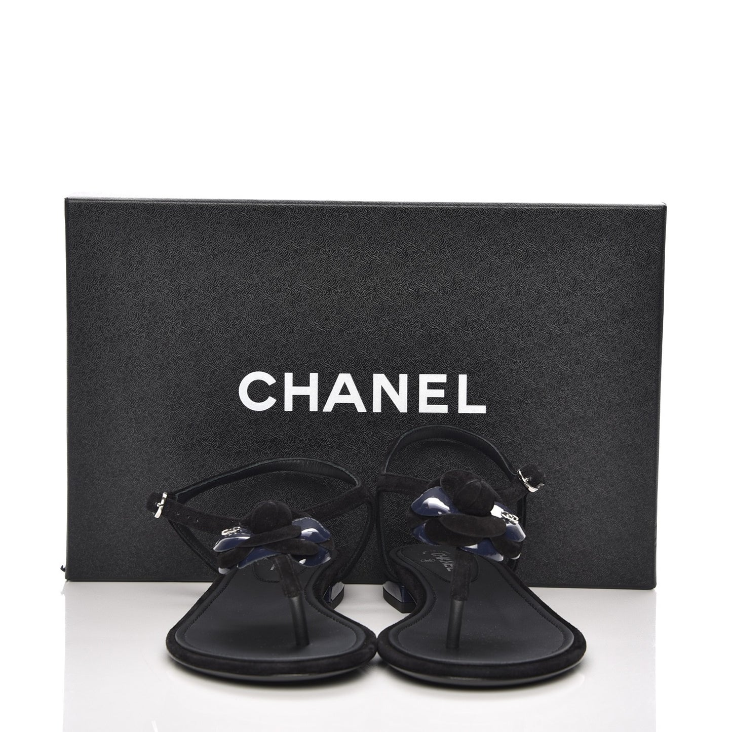 Suede Patent Calfskin Camellia Thong Sandals 36 Black