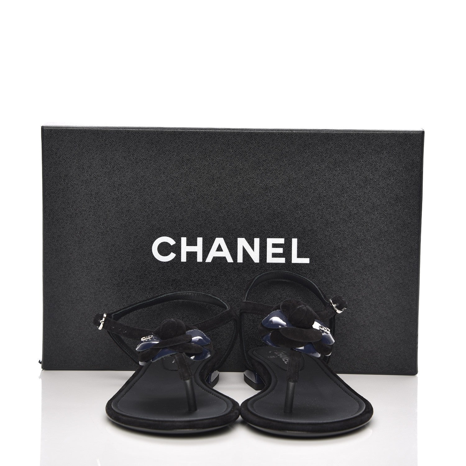 Chanel Suede Patent Calfskin Camellia Thong Sandals 36 Black 9 of 9