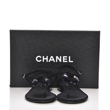 Chanel Suede Patent Calfskin Camellia Thong Sandals 36 Black 9 of 9