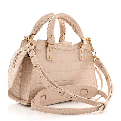 Balenciaga Shiny Supple Calfskin Crocodile Embossed Neo Classic Gold Hardware Mini City Light Beige 3 of 9