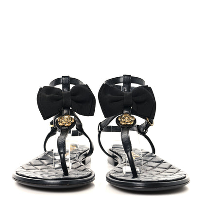Chanel Lambskin Grosgrain Camellia Thong Sandals 37 Black 3 of 9