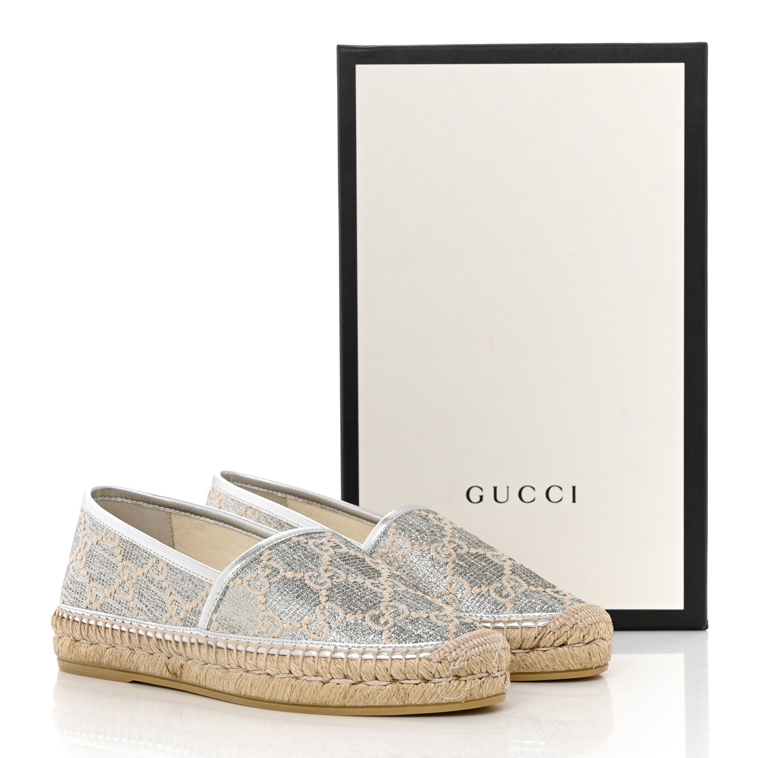 Gucci Lame Nappa GG Monogram Espadrilles 37 Silver Beige 9 of 9