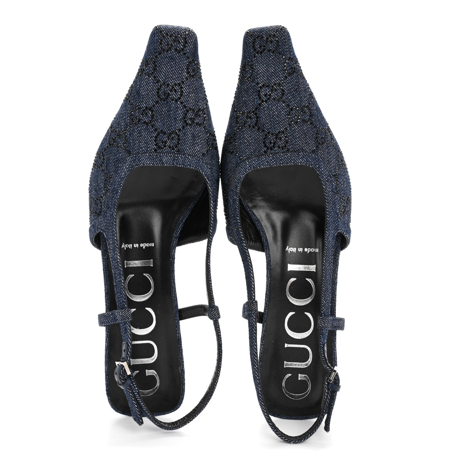 Gucci Denim GG Monogram Malaga Kid Crystal Square G 35mm Slingback Pumps 40 Blue 2 of 10