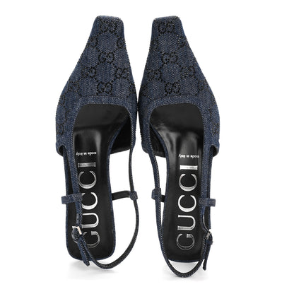 Gucci Denim GG Monogram Malaga Kid Crystal Square G 35mm Slingback Pumps 40 Blue 2 of 10
