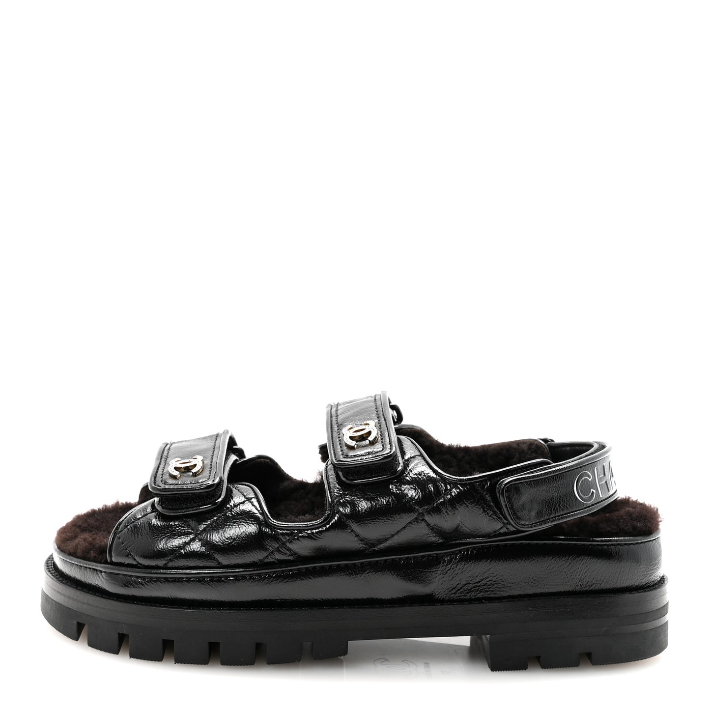 Laminated Lambskin Shearling Crystal CC Velcro Dad Platform Sandals 37 Black