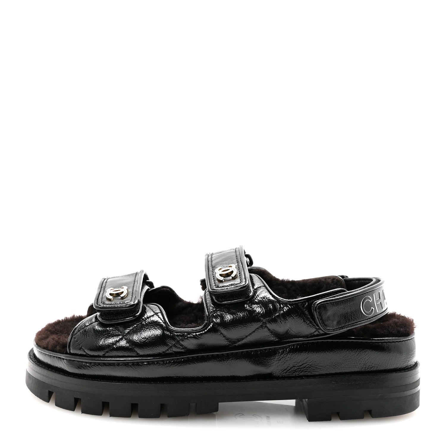 Chanel Laminated Lambskin Shearling Crystal CC Velcro Dad Platform Sandals 37 Black 1 of 10