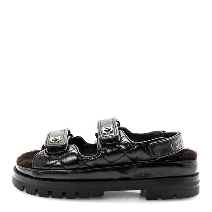 Chanel Laminated Lambskin Shearling Crystal CC Velcro Dad Platform Sandals 37 Black 1 of 10