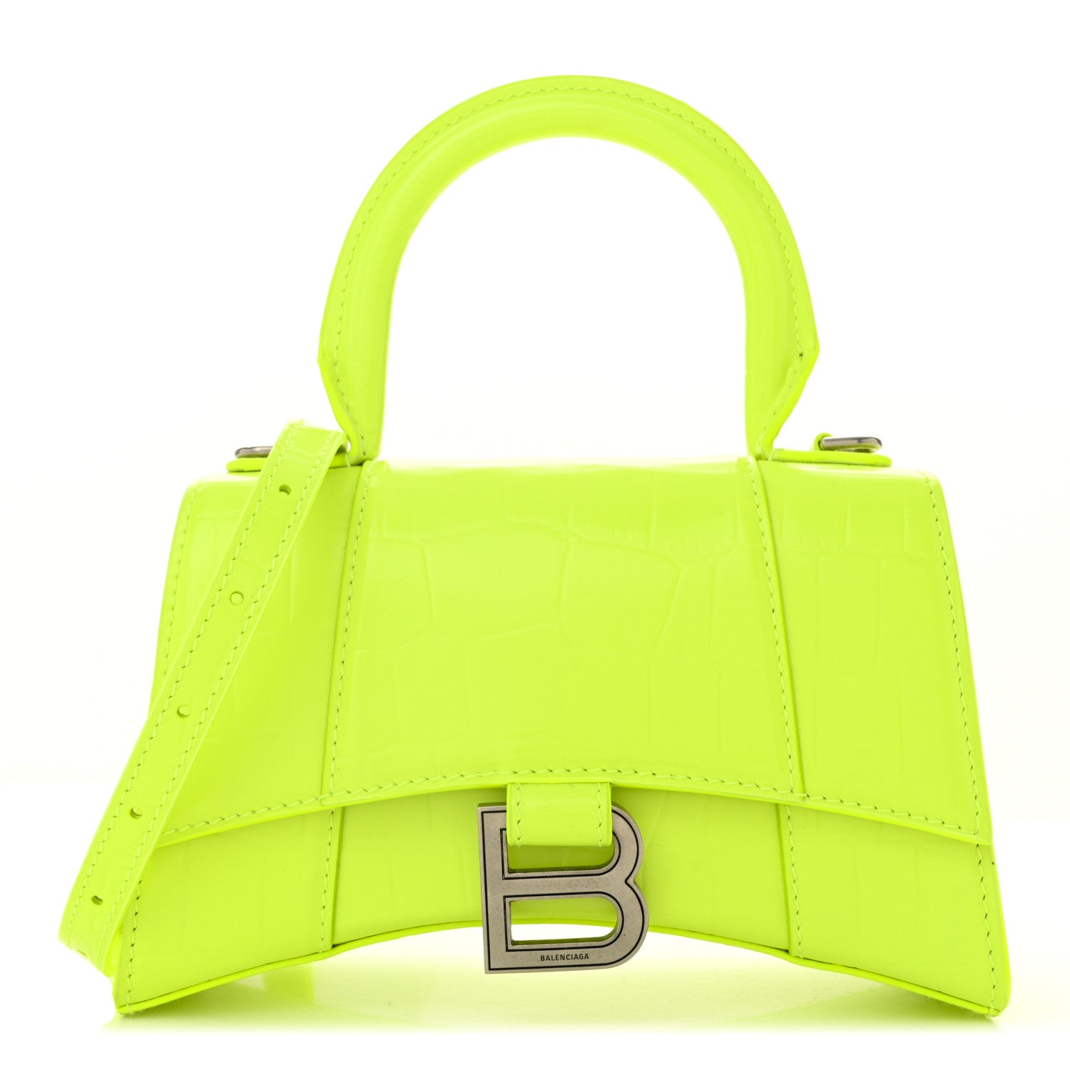 Balenciaga Shiny Calfskin Crocodile Embossed Hourglass Top Handle Bag XS Fluo Yellow 1 of 11