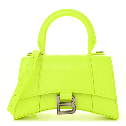 Balenciaga Shiny Calfskin Crocodile Embossed Hourglass Top Handle Bag XS Fluo Yellow 1 of 11