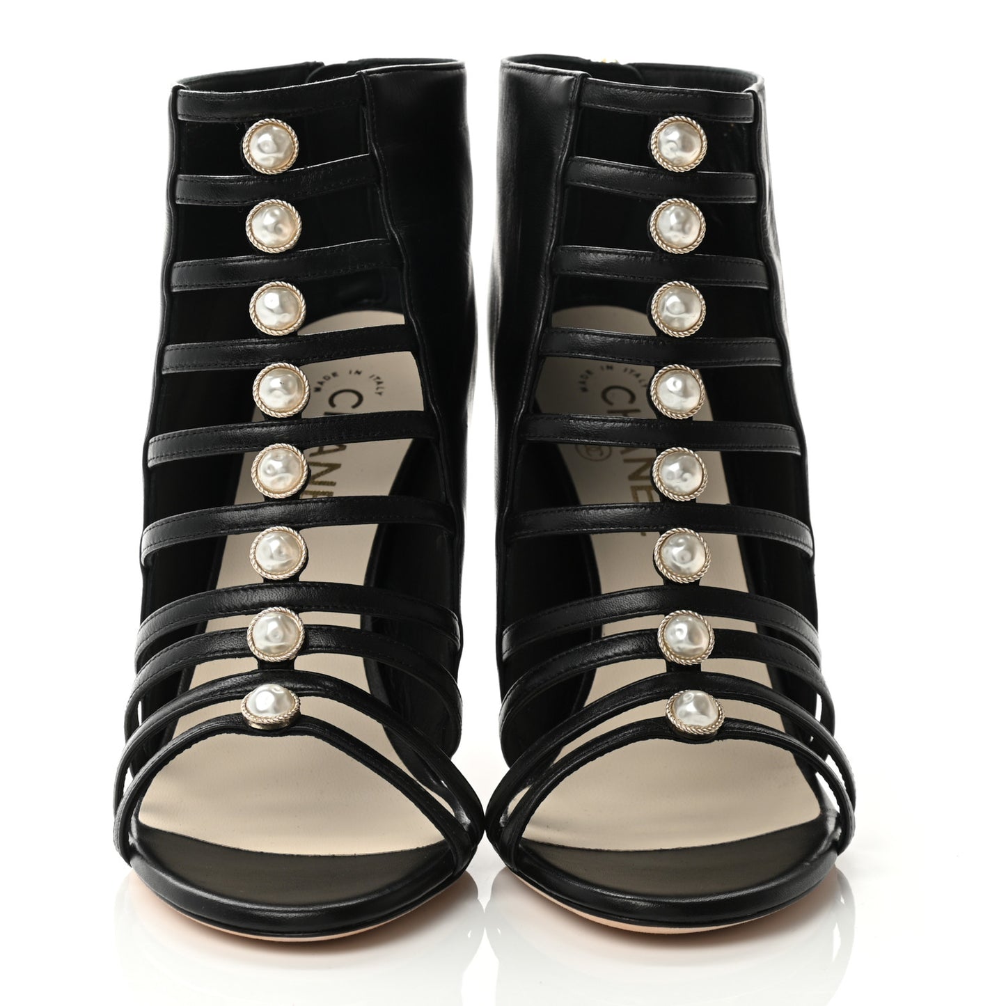 Lambskin Pearl Open Toe Caged Ankle Boots 39 Black