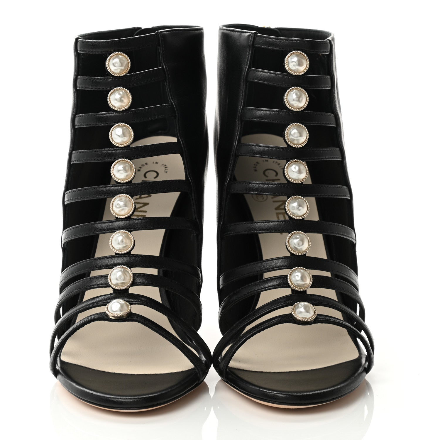 Chanel Lambskin Pearl Open Toe Caged Ankle Boots 39 Black 2 of 11
