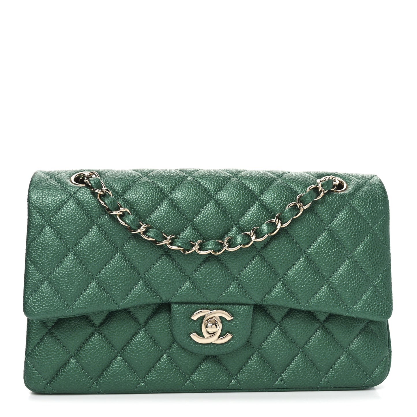 Metallic Caviar Quilted Medium Double Flap Green