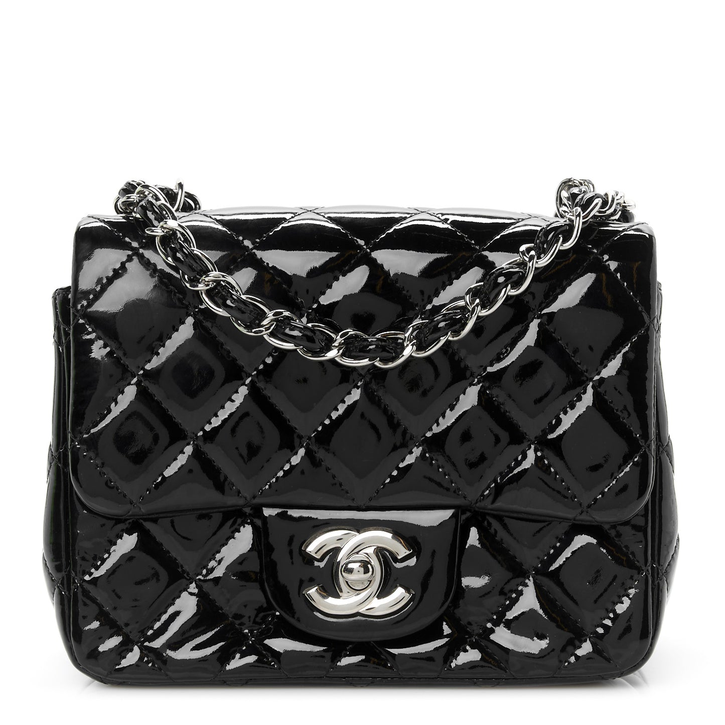 Patent Calfskin Quilted Mini Square Flap Black