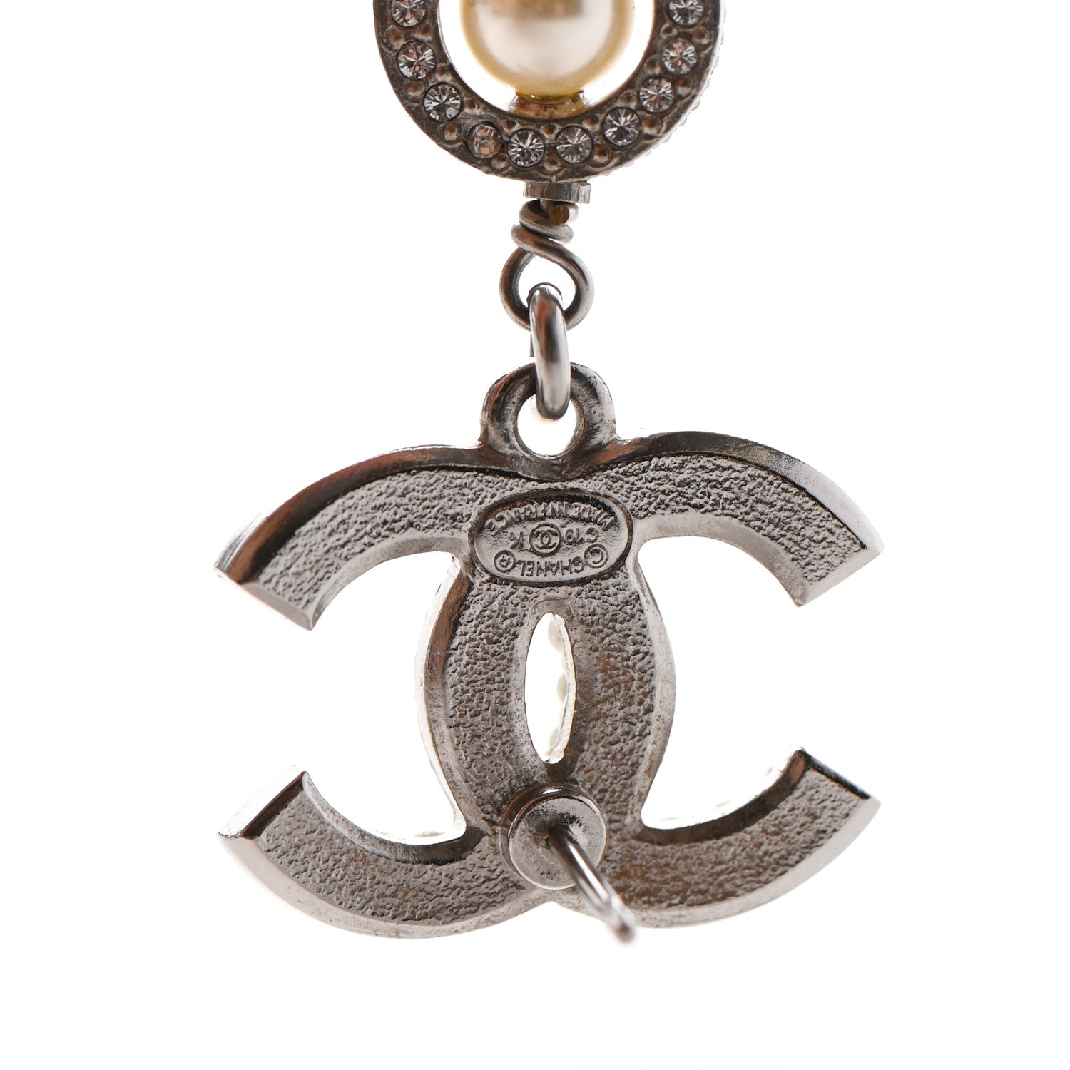 Chanel Crystal Pearl CC Drop Earrings Silver 3 of 3