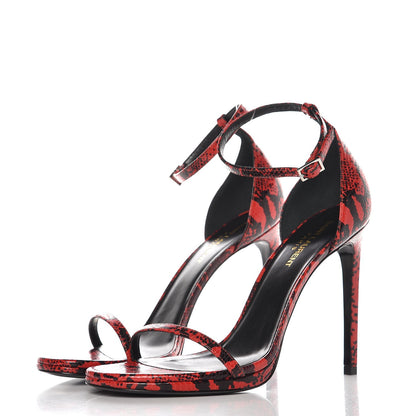 Saint Laurent Python Calfskin Embossed Jane 105 Ankle Strap Sandals 39.5 Red Black 2 of 8