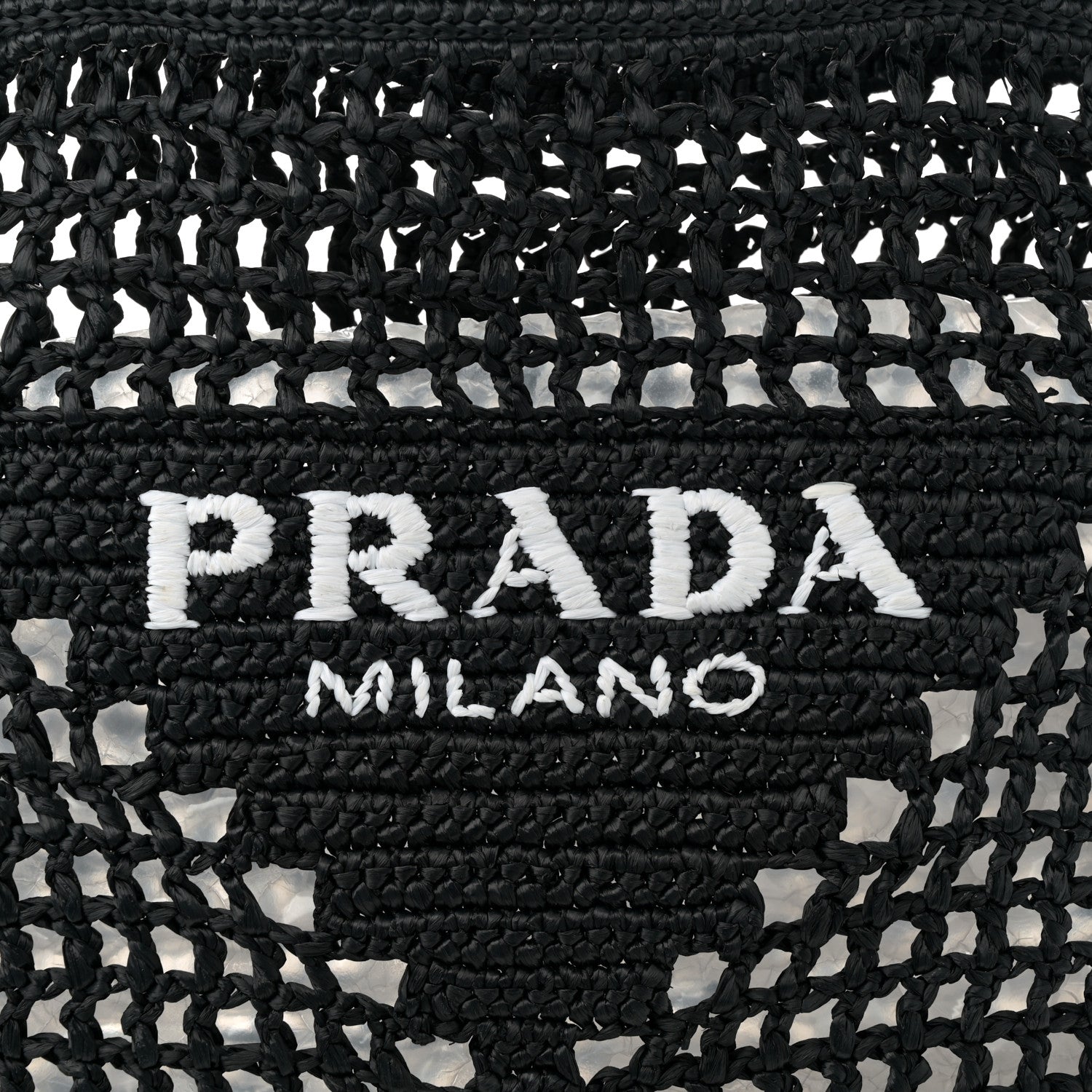 Prada Yarn Raffia Effect Crochet Logo Embroidered Tote Bag Black 7 of 11