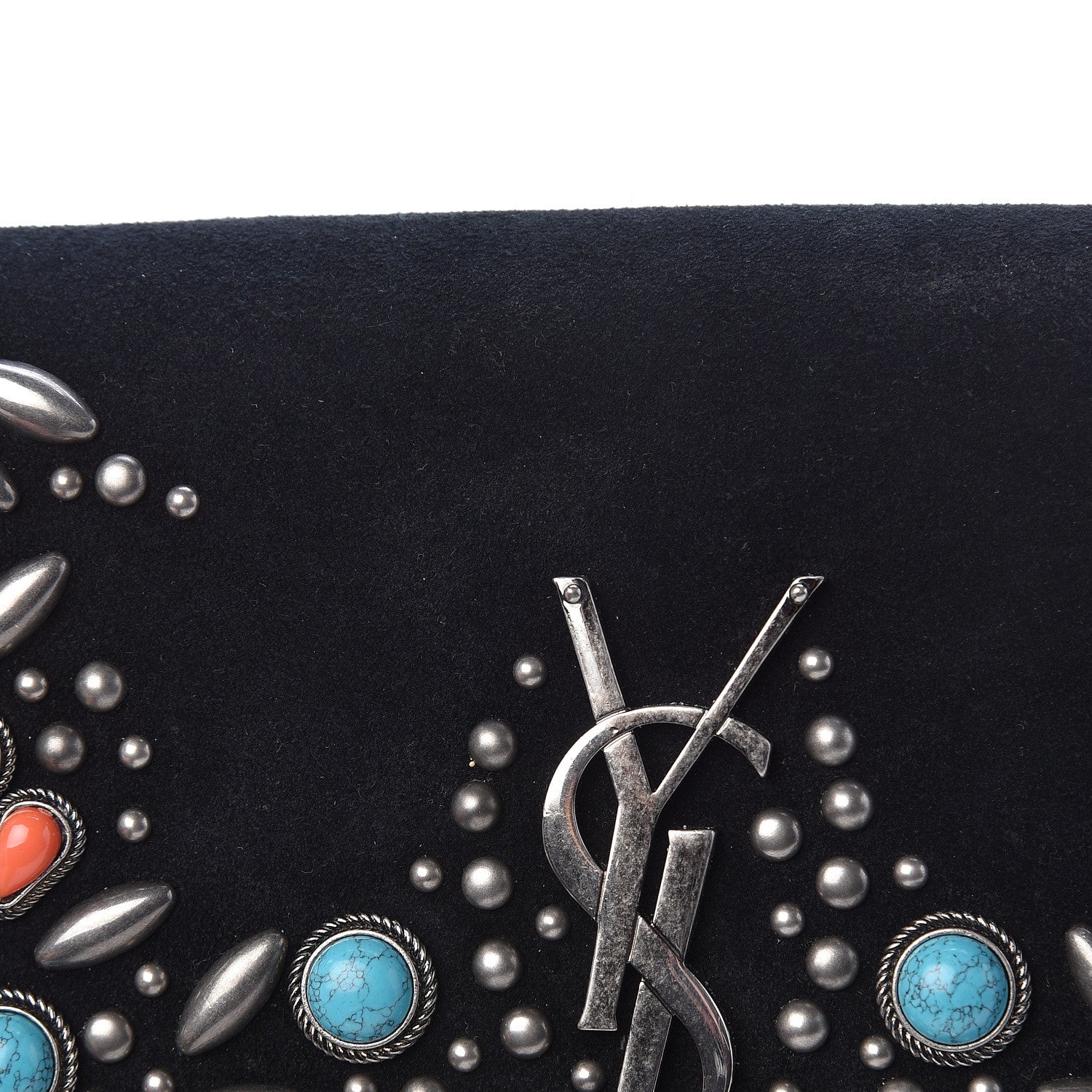 Saint Laurent Suede Small Monogram Stone Studded Kate Satchel Black Turquoise Coral 11 of 23