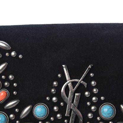 Saint Laurent Suede Small Monogram Stone Studded Kate Satchel Black Turquoise Coral 11 of 23