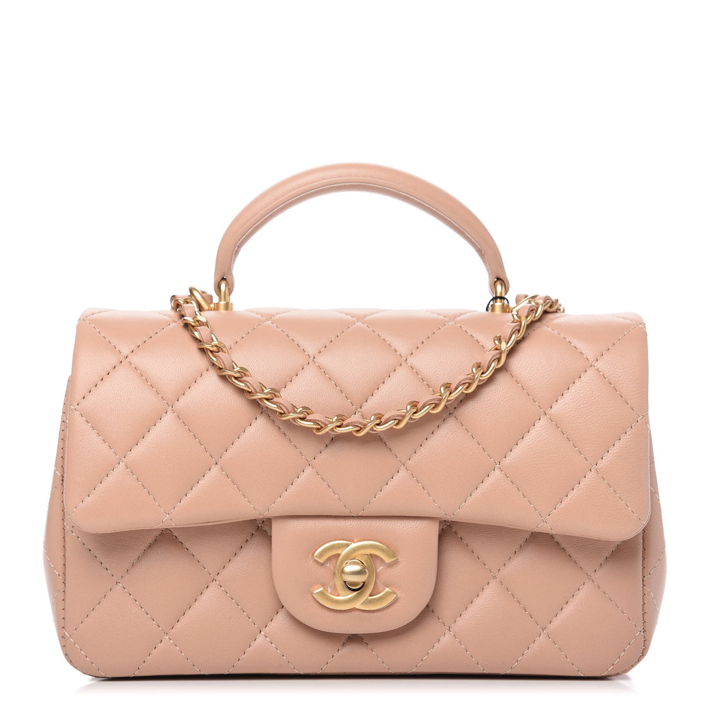 Lambskin Quilted Mini Top Handle Rectangular Flap Beige