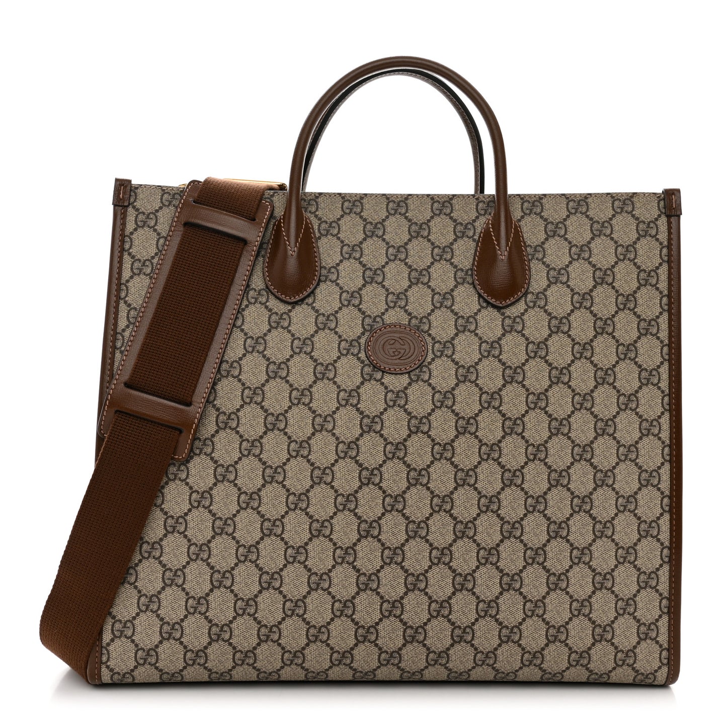 GG Supreme Monogram Azalea Calfskin Medium Retro Interlocking G Tote Bag Beige Ebony Brown Sugar
