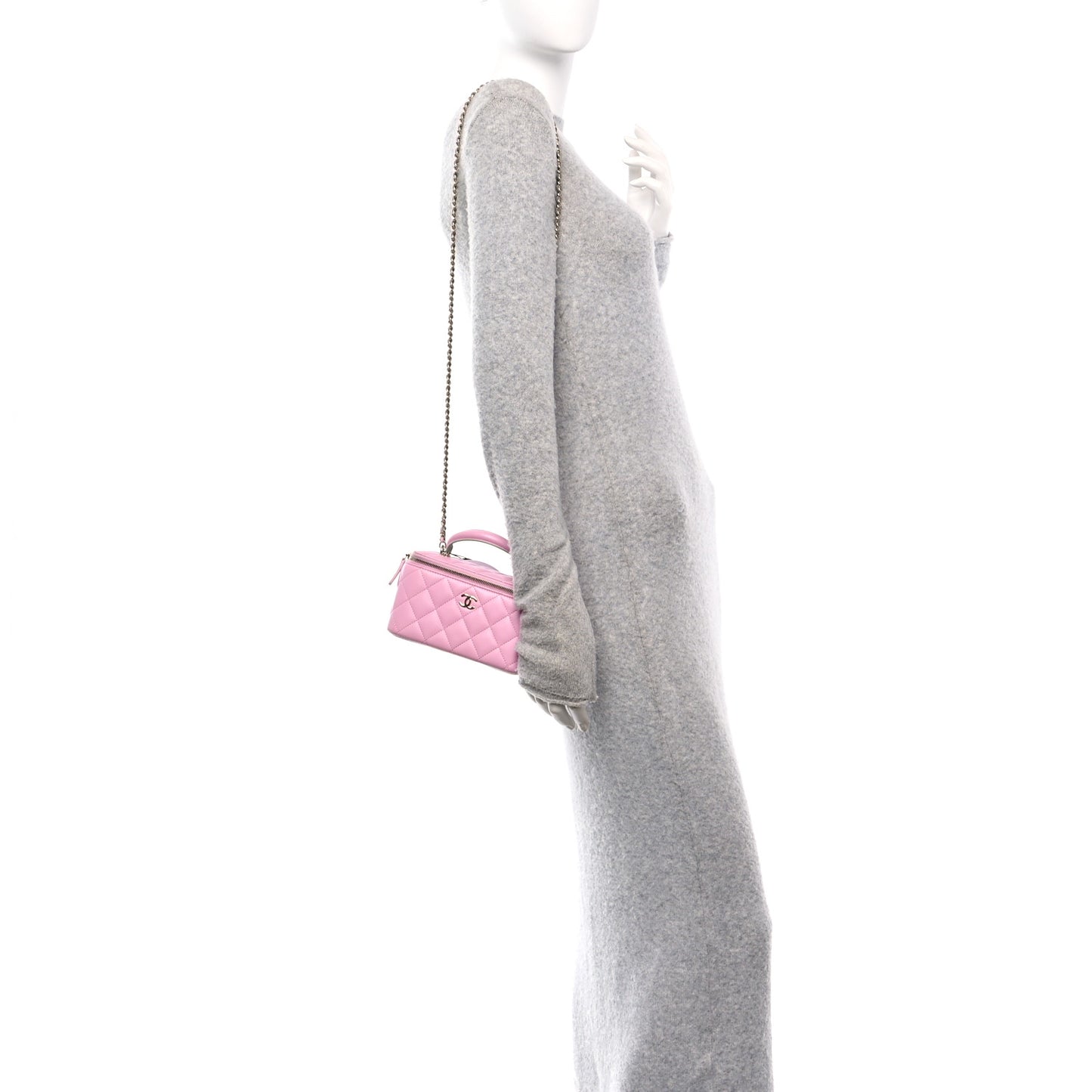 Lambskin Quilted Small Top Handle Vanity Case With Chain Lilac Light Green